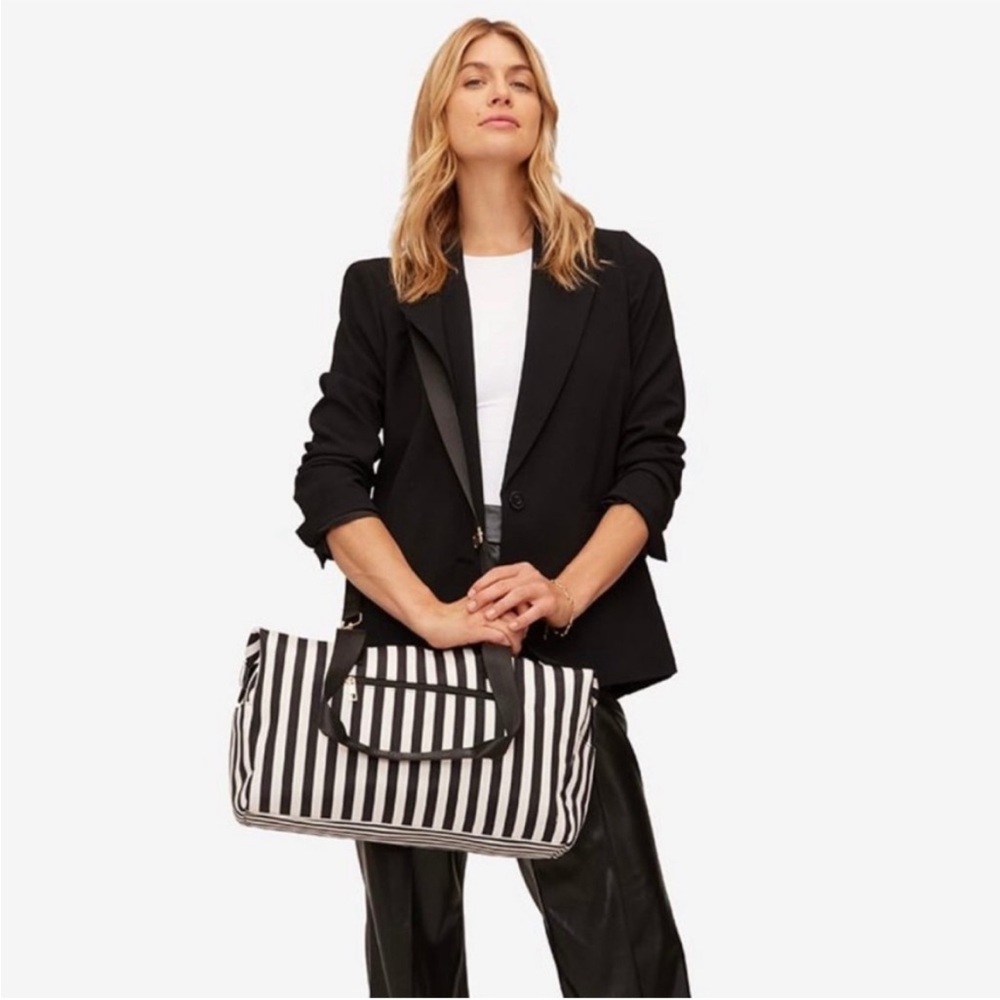 Alice + Olivia Black & White Positano Stripe Canvas Weekend Duffel Bag NWT